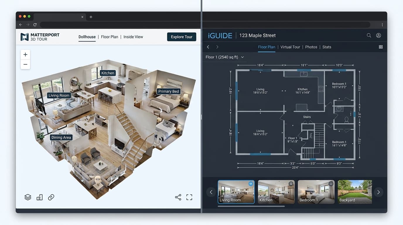 Side-by-side comparison of Matterport 3D dollhouse view and iGUIDE floor plan interface