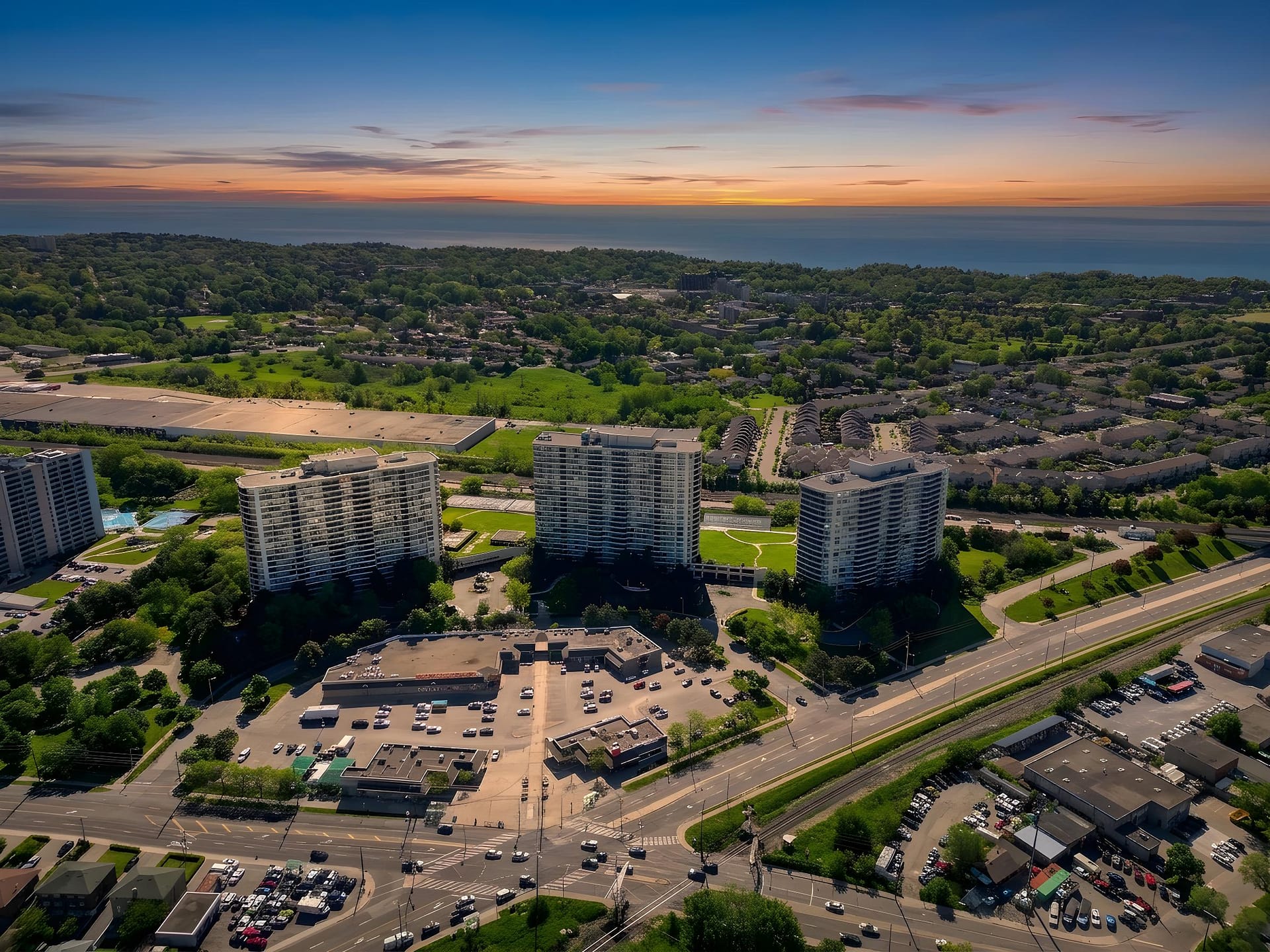 Twilight aerial of Greystone Walk area towers with Lake Ontario and sunset sky