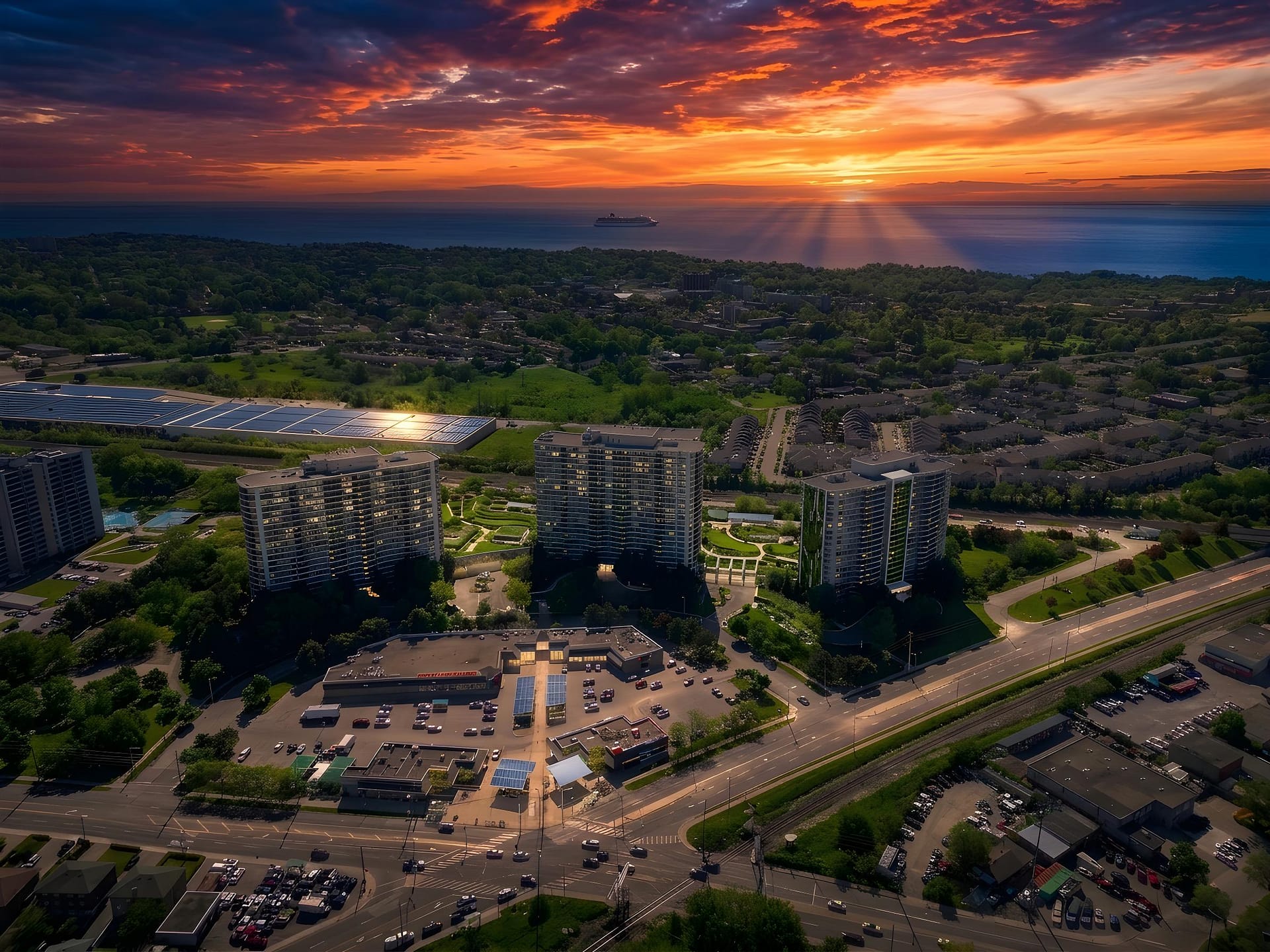 Twilight drone photo of Scarborough condo towers overlooking Lake Ontario at sunset